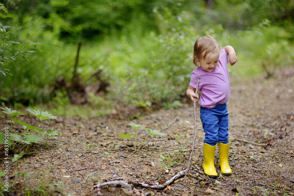 The little lovely girl walks on the wood. The little lovely girl walks on the wood.