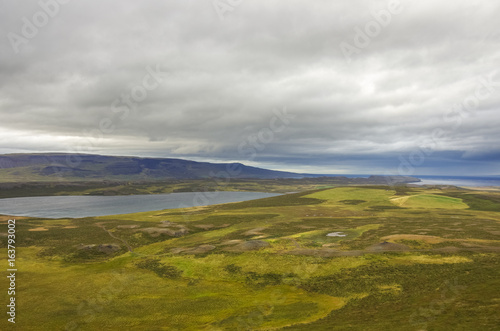 View to  Vesturhopsvatn  Vesturhop lake  from Borgarvirki  columnar basalt fortress   on Vatnsnes peninsula in North Iceland