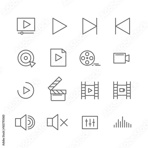 Film, video, shooting, editing and more, thin line icons set, vector illustration