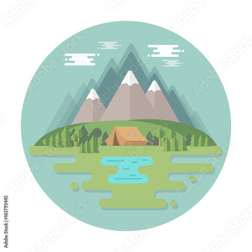 summer landscape. Morning in the mountains. Weekend in the tent. Hiking and camping. Vector