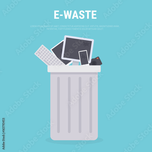 e-waste recycle bin filled with old computer equipment and old phone