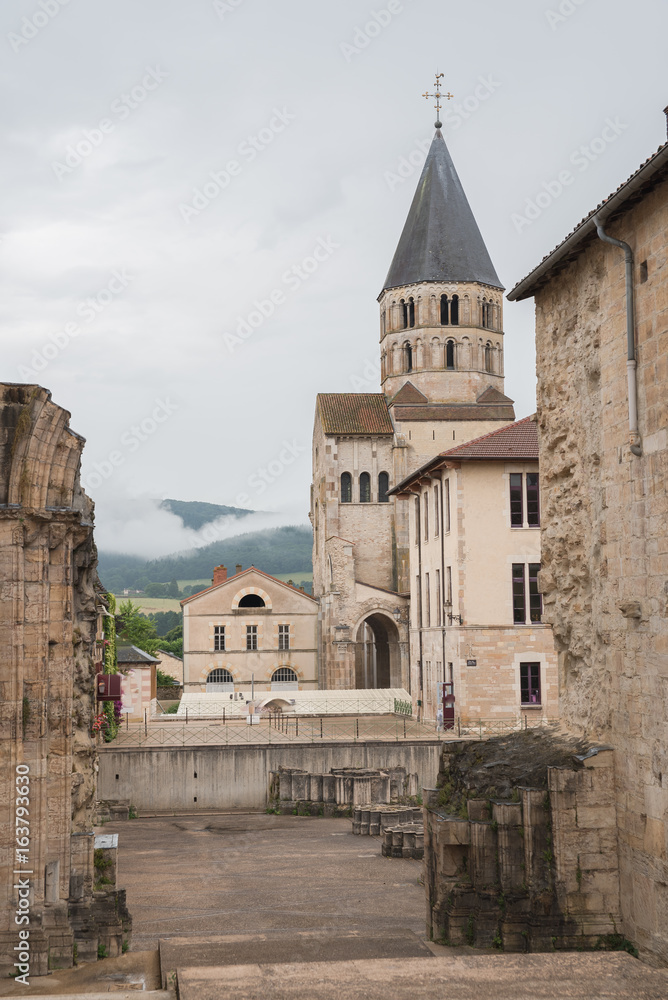 Cluny abbey in France, Burgundy, entry porch and view of the church
