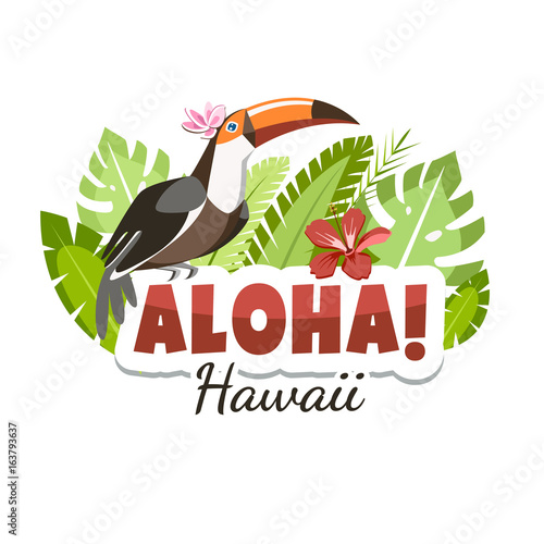 hawaii aloha toucan message header with tropical leaves and bird
