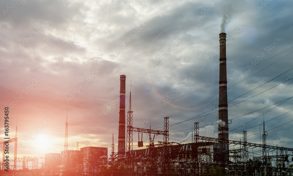 Fototapeta premium Gas turbine electrical power plant with twilight.