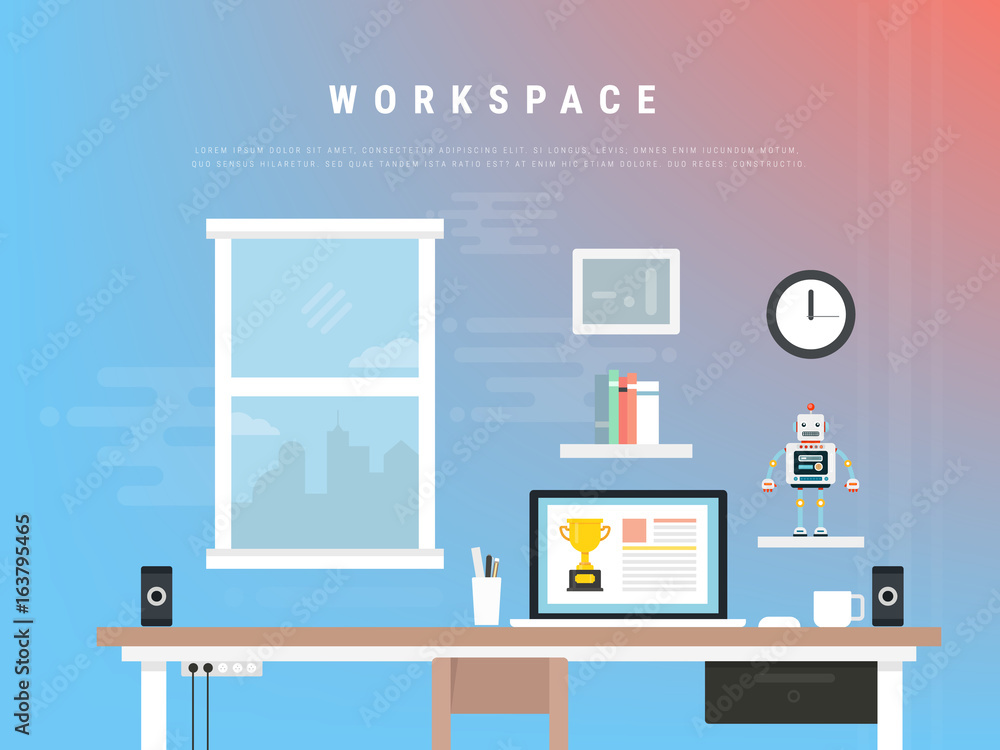 Workplace in flat style with elements Monitor Workplace in flat style with elements Monitor