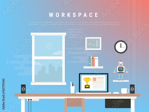 Workplace in flat style with elements Monitor