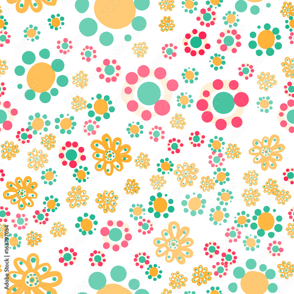 Hippie wallpaper with funny stylized colorful flowers on white background