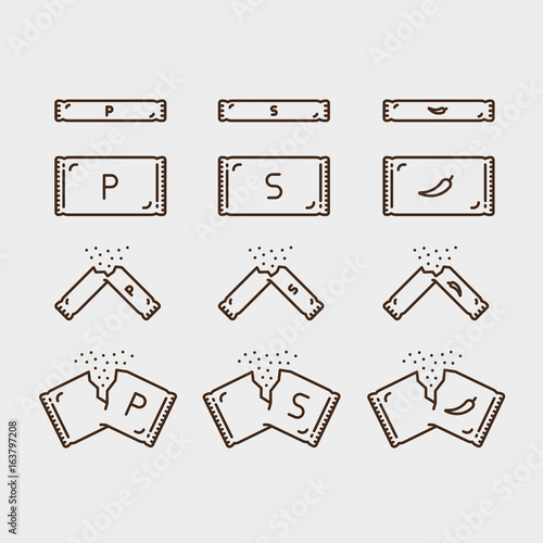Sugar Salt Pepper Packet Packaging Minimalistic Flat Line Outline Stroke Icon Pictogram Symbol Set Collection