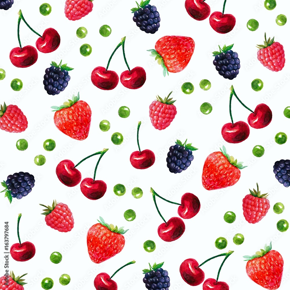Watercolor pattern with berries and fruits on white.Cherry,strawberry,raspberry,blackberry,peas. Watercolor pattern with berries and fruits on white.Cherry,strawberry,raspberry,blackberry,peas.
