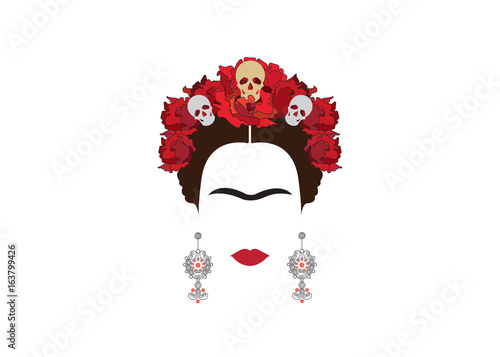 Tablou Canvas portrait of Mexican woman with skulls , Mexican crafts earrings and red flowers,