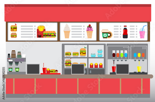 Fast food restaurant interior with hamburgers, french fries, and beverages. Food court concept, Flat design vector illustration