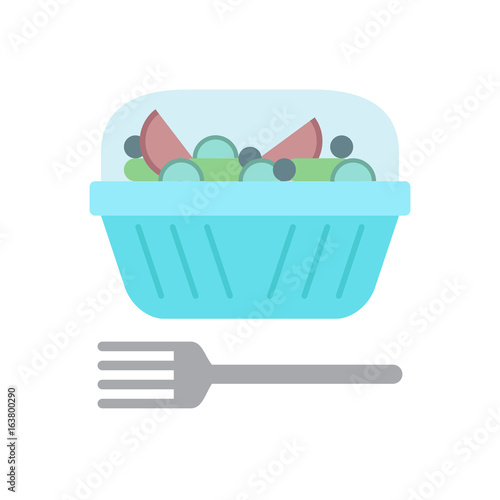 Salad plastic container and fork flat icon, vector sign, colorful pictogram isolated on white. Symbol, logo illustration. Flat style design