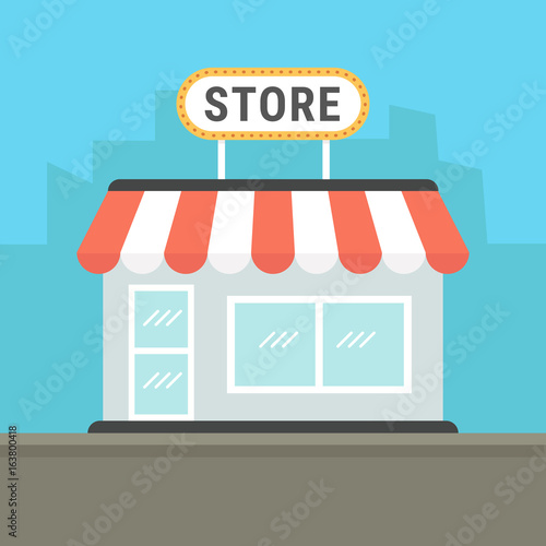 Storefront in the city vector illustration, store building on town street, flat cartoon shop