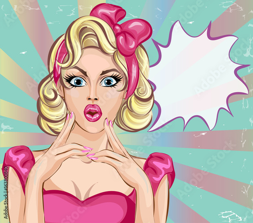 Pop art comic style surprised woman with speech bubble, pin up girl portrait, vector illustration