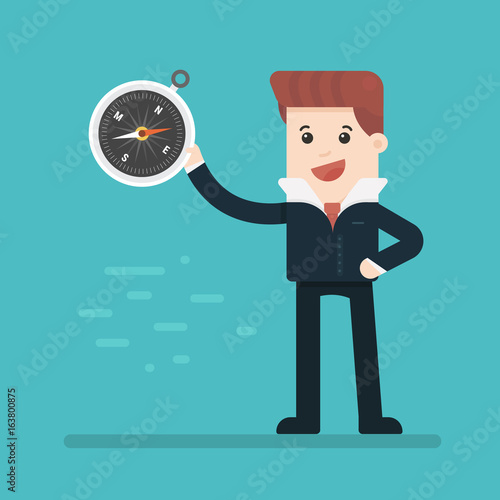 Business man holding compass, flat design, vector