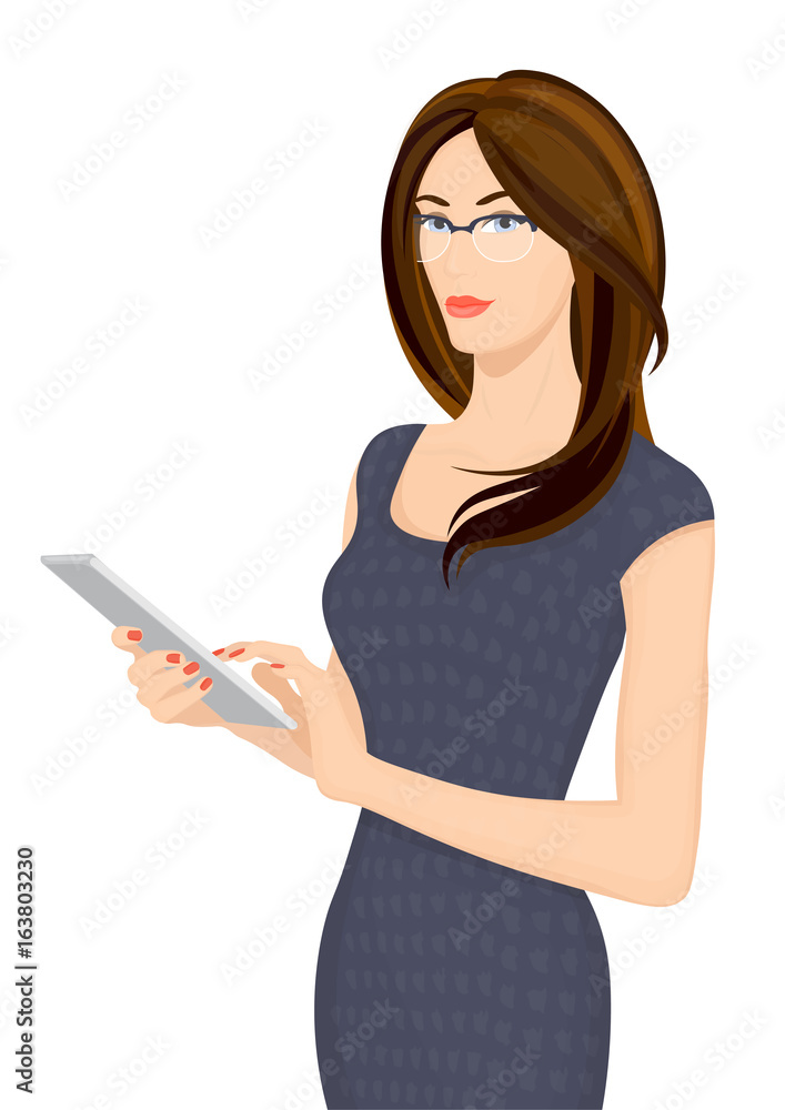 Business woman holding a tablet. Beautiful girl is standing on a white background. Vector illustration Business woman holding a tablet. Beautiful girl is standing on a white background. Vector illustration