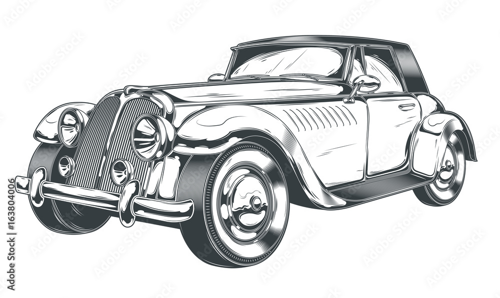 Vector black and white illustration of retro car in engraving style, isolated on white background. Print, template, design element