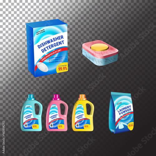 Set of templates realistic package for bottles with laundry and dishwasher detergent. Plastic containers, package and tablets. Vector mockup of isolated objects on transparent background