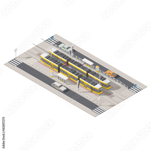 Tram station located in the middle of the street isometric icon set