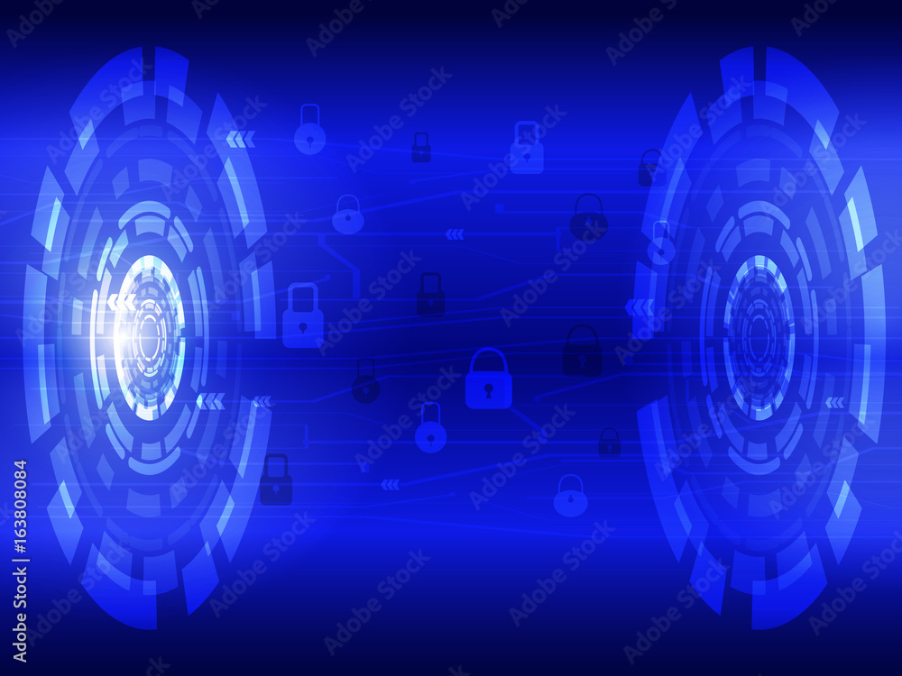 Abstract cyber security concept background. Lock security with blue circle technology background.