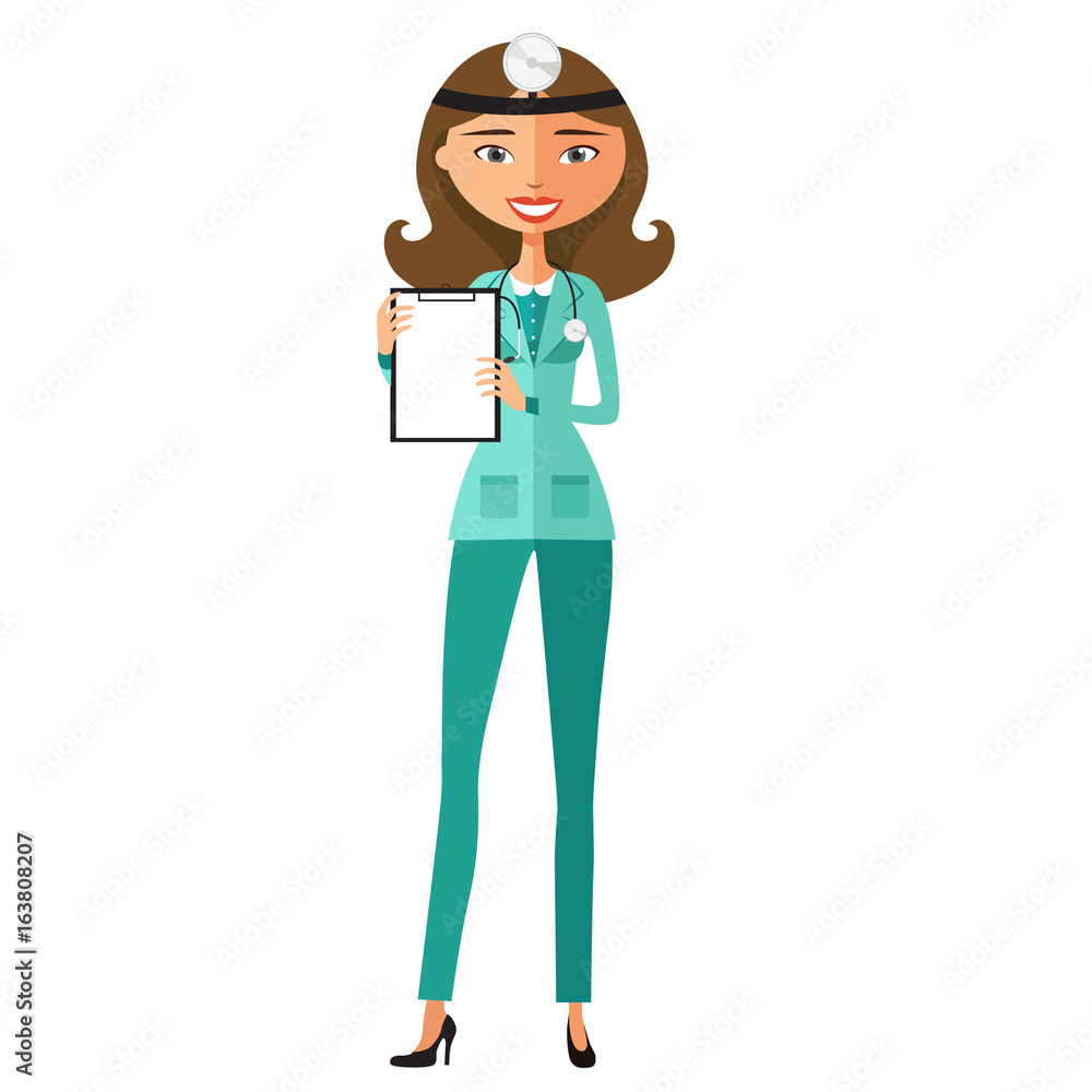 Female doctor holding a clipboard flat cartoon vector illustration Female doctor holding a clipboard flat cartoon vector illustration
