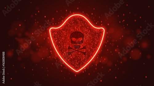 High-tech computer concept. A red glowing neon shield from a binary code. The system is under threat. Hacking the system. Skull with crossed bones