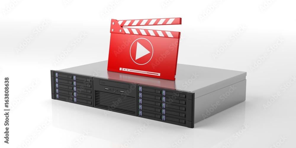 Computer Server Storage Unit And Movie Clapper On White Background 3d Computer server storage unit and movie clapper on white background 3d