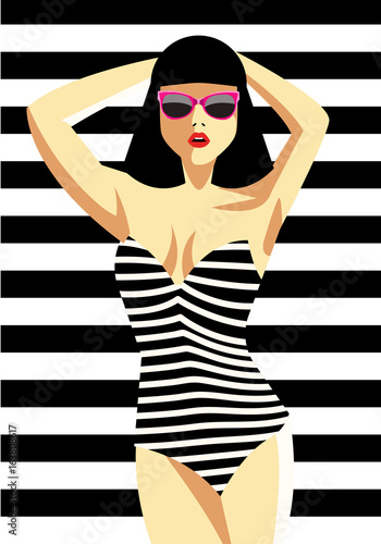 Beautiful young woman with sunglasses and swimsuit, retro style. Pop art. Vector eps10 illustration