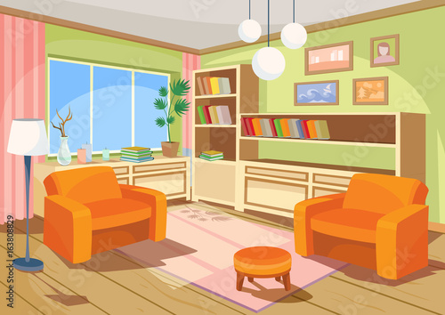 Vector illustration of a cozy cartoon interior of an orange home room, a living room with two soft armchairs, ottoman, chest of drawers, book shelves and floor lamp