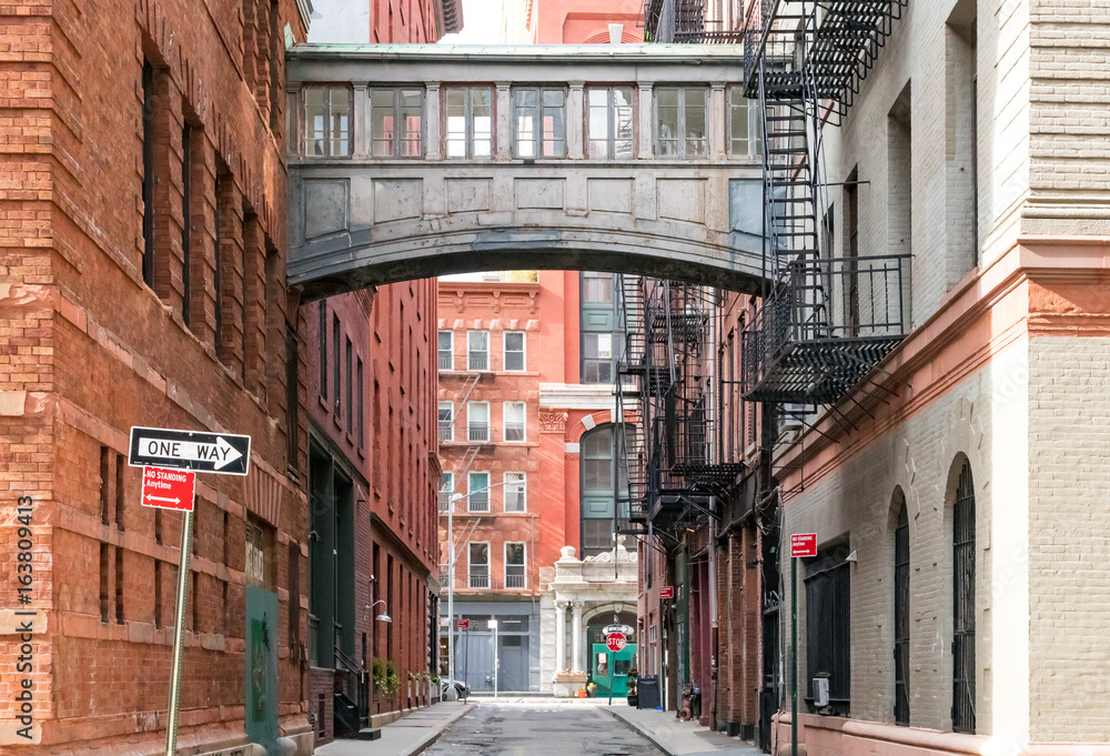 Hidden alley scene on Staple Street in the historic Tribeca area of Manhattan, New York City
