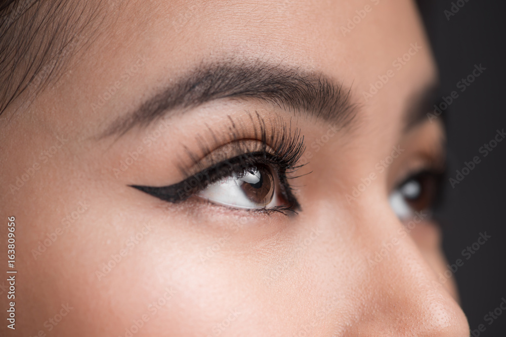 Perfect shape of eyebrows. Beautiful macro shot of female eye with classic eyeliner makeup. Perfect shape of eyebrows. Beautiful macro shot of female eye with classic eyeliner makeup.