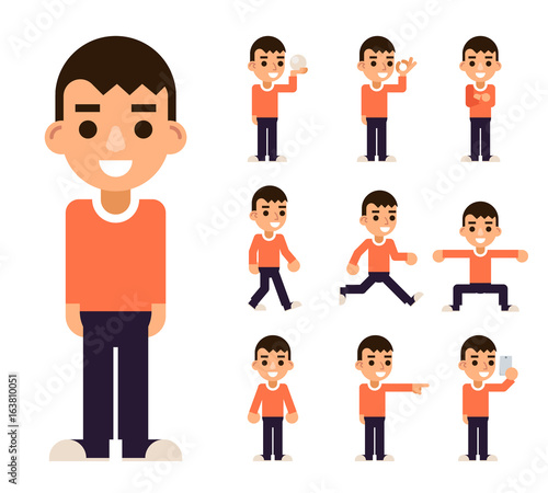 Teen Boy in Different Poses and Actions Characters Icons Set Isolated Flat Design Vector Illustration