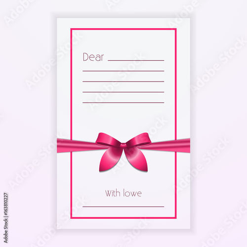 Pink ribbon bow on postcard Vector illustration Trendy postcard template with space for text bandaged a pink ribbon with bow Empty invitation in realistic style