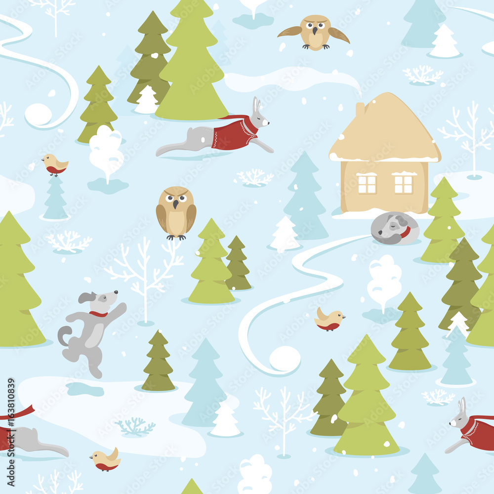 Fototapeta premium Seamless pattern of fairytale christmas landscape with animals in snowy forest on blue background. Christmas tale, small house on the edge of the forest, owls, dogs and hares