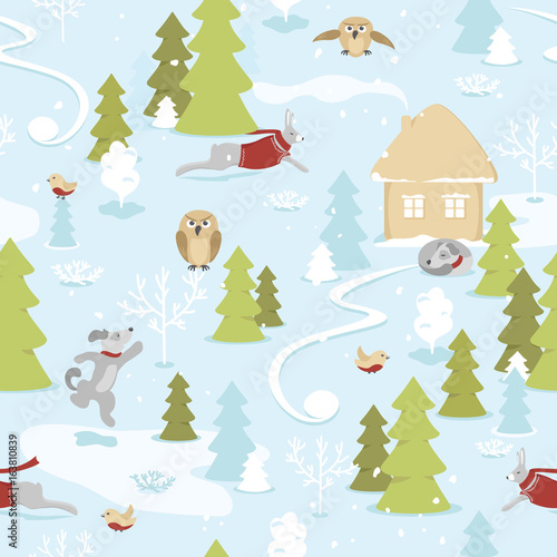 Seamless pattern of fairytale christmas landscape with animals in snowy  forest on blue background. Christmas tale  small house on the edge of the forest  owls  dogs and hares