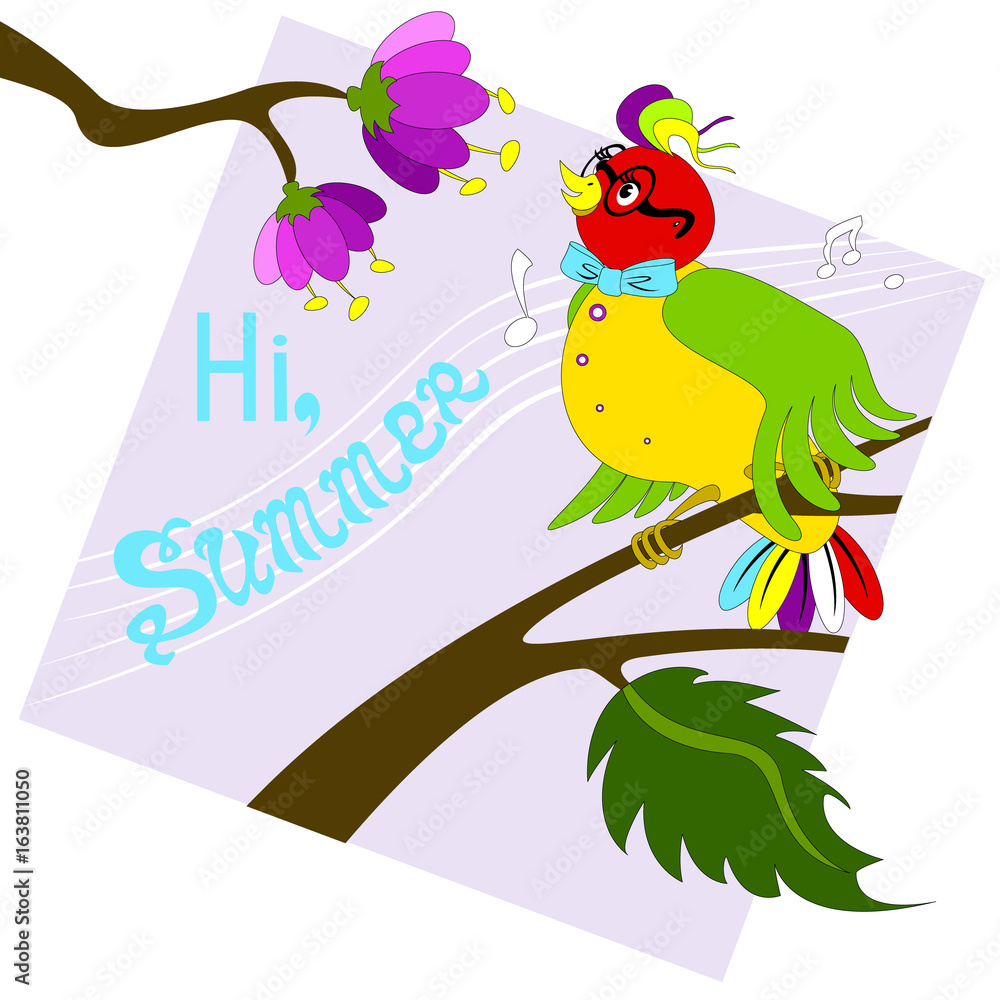 Colorful bird sees blooming flowers on the tree and have fun singing on a branch. Bright cartoon illustration on a purple background. Design for postcards, posters, wallpaper