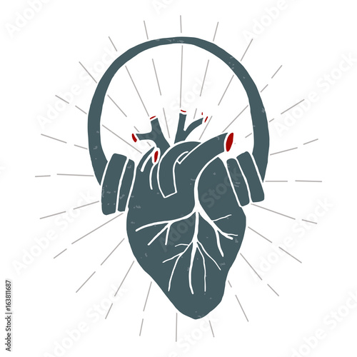 Heart with headphones in vintage style. Print isolated vector illustration. Pattern T-Shirt. Print. Poster.