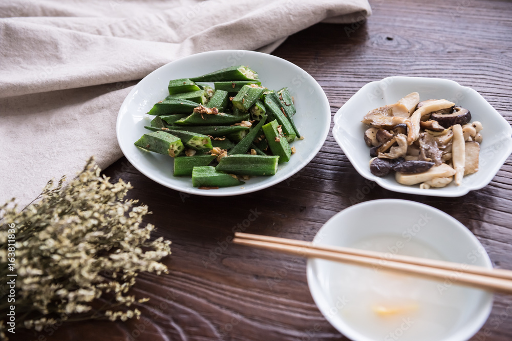 On the desktop, tableware and food On the desktop, tableware and food