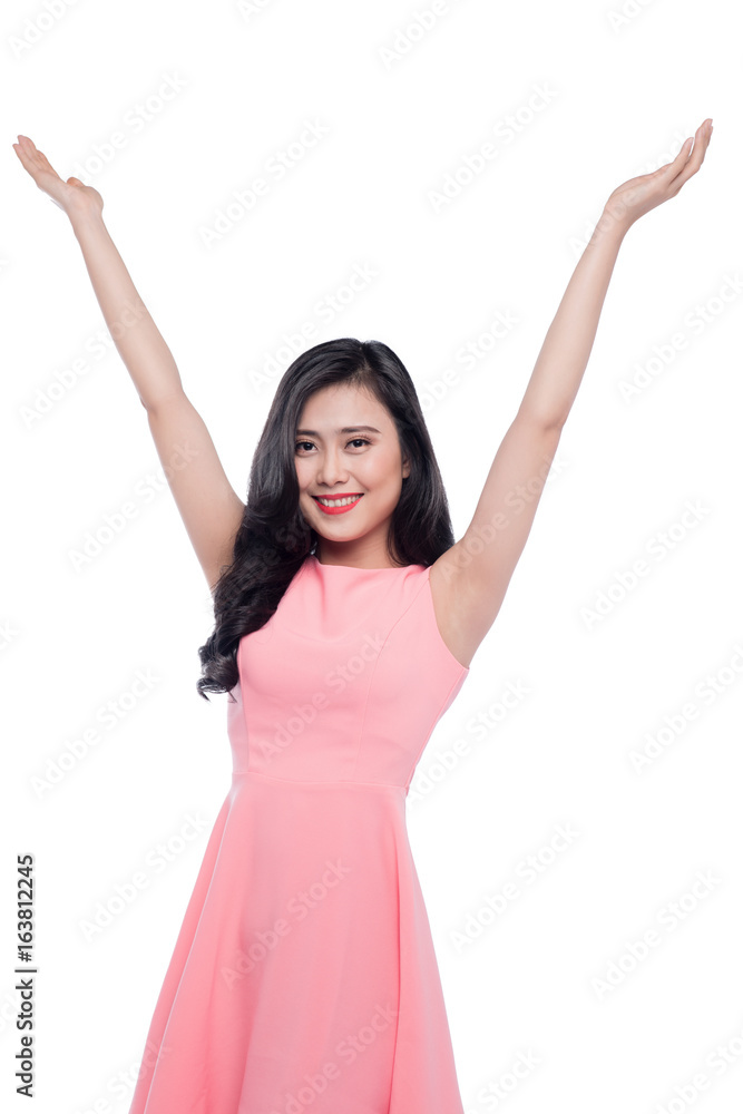 Happyyoung asian woman raise hands over white. Happyyoung asian woman raise hands over white.