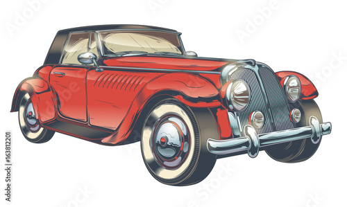 Vector vintage illustration of red retro car in engraving style, isolated on white background. Print, template, design element