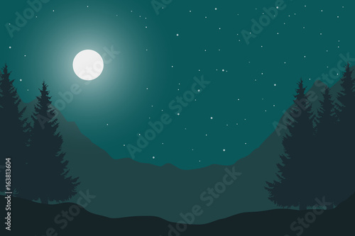Vector flat illustration of a panoramic night mountain landscape with a wood under the sky with moon and stars with space for text