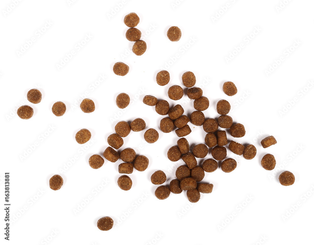 Dry dog food isolated on white background, top view Dry dog food isolated on white background, top view