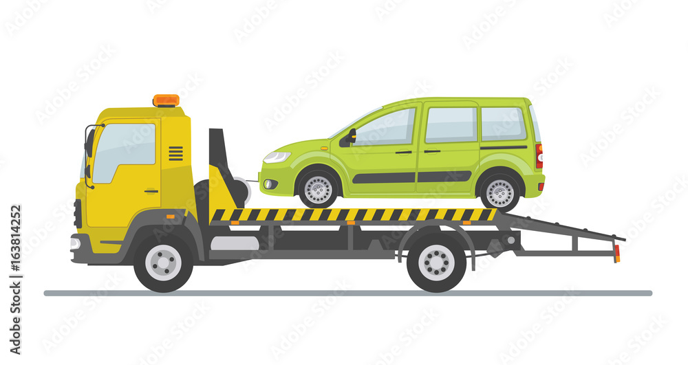 Green car on tow truck, isolated on white background. Flat style, vector illustration. 
