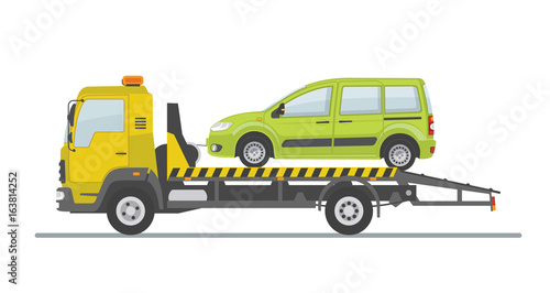 Green car on tow truck, isolated on white background. Flat style, vector illustration. 