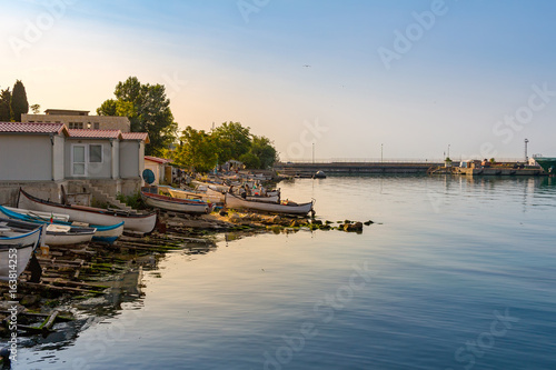 Fishing boats on the seashore at early morning in balchik city, Bulgaria © O.Farion