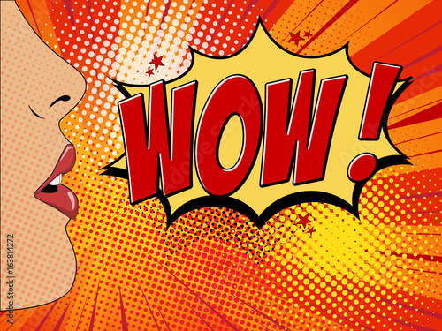 Open female mouth with red lipstick screaming wow speech bubble. bright background in comic retro pop art style.