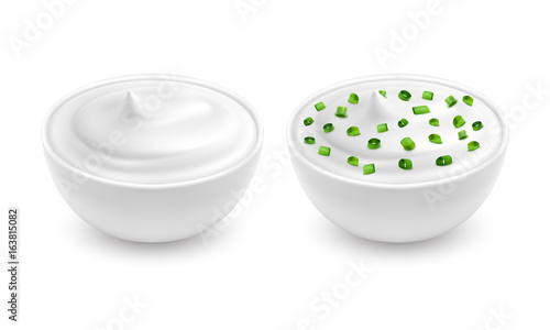 Vector illustration of a realistic style white bowl with sour cream, yogurt, sauce, mayonnaise with sliced green onions, isolated on white. Print, template, design element