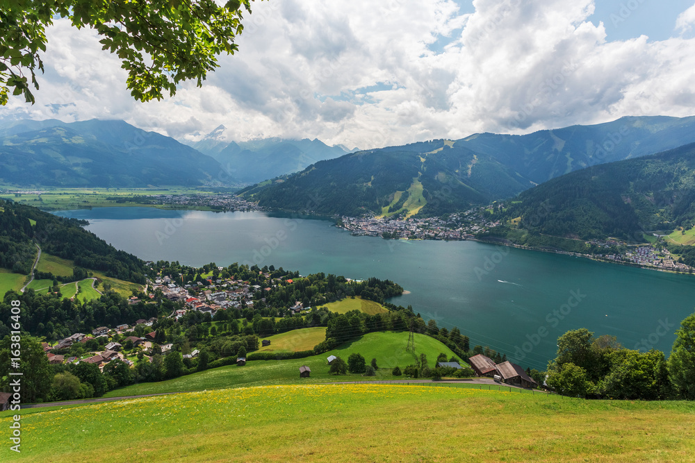Zell am See, summer landscape with mountains and lake in Austria