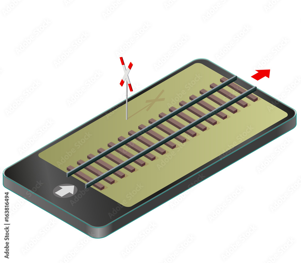 Isometric railway in mobile phone. Rail transportation in communication technologies, paraphrase. Isolated on white background with railway cross sign. Vector industrial transportation building. Isometric railway in mobile phone. Rail transportation in communication technologies, paraphrase. Isolated on white background with railway cross sign. Vector industrial transportation building.