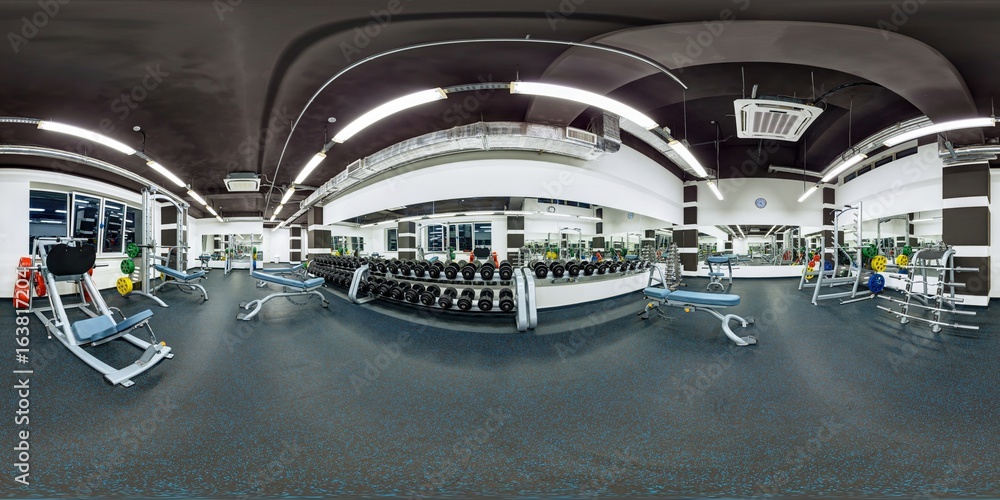 Big modern fitness gym with dumbbells weights and other sport equipment full 360 degree panorama in equirectangular spherical projection Stock Photo Adobe Stock